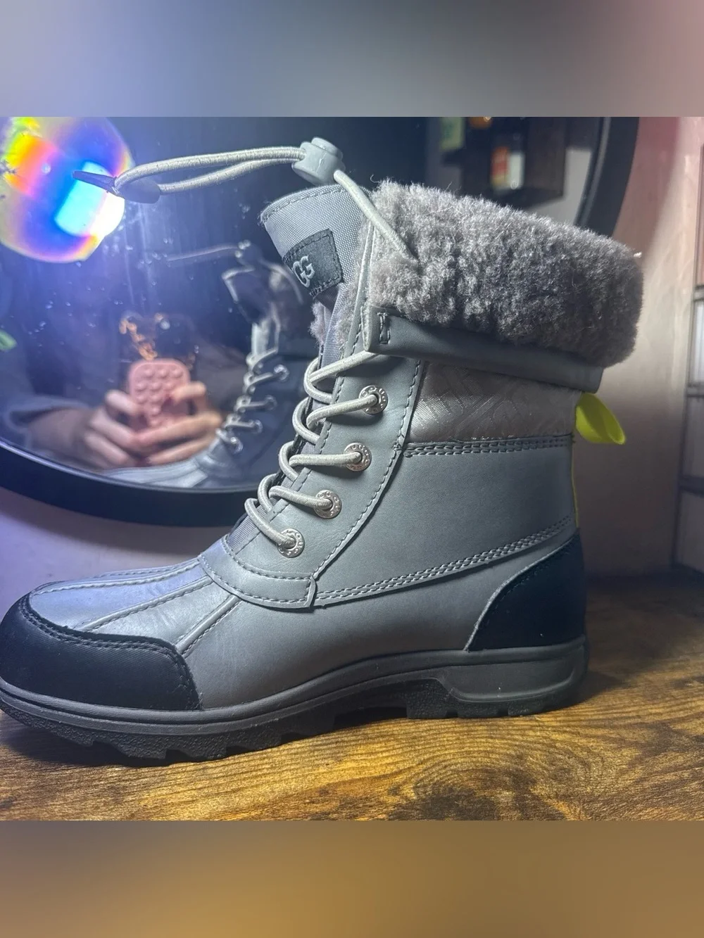 UGG Kids Gray & Black Waterproof Lace-Up Boot with Shearling Cuff